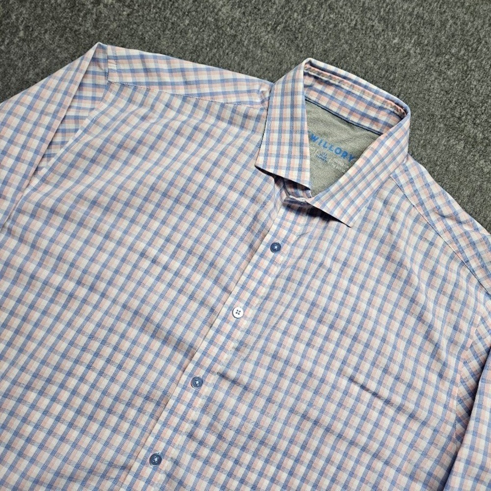 Twillory Dress Shirt Mens 17.5 34/35 Blue Pink Gingham Performance Fabric